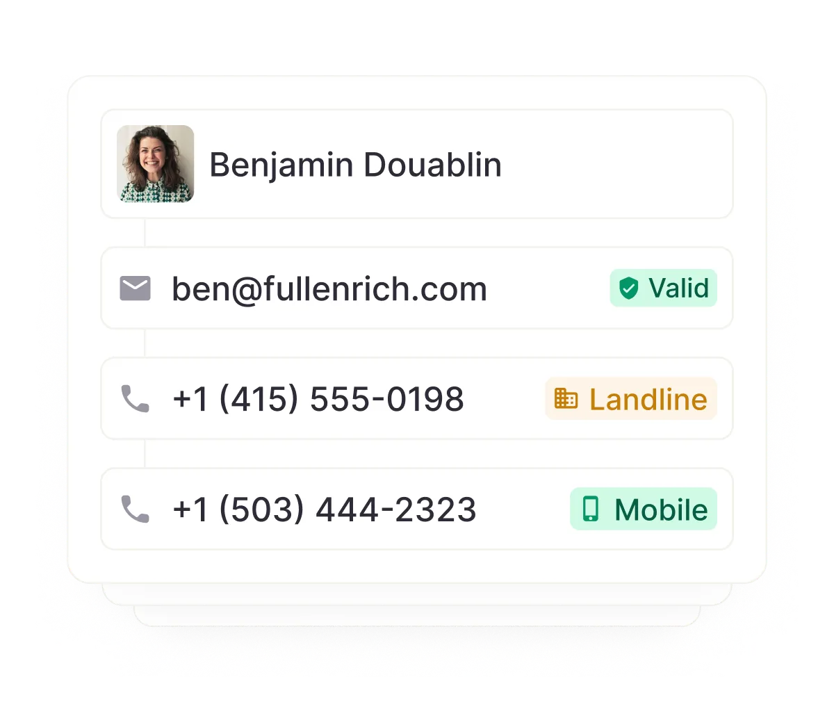 Enriched contact card with verified email and phone numbers